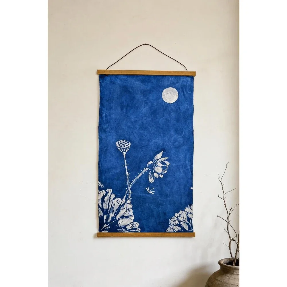 Handmade Lotus Textile Wall Art | Indigo Batik Wall Hanging | Botanical Zen Home